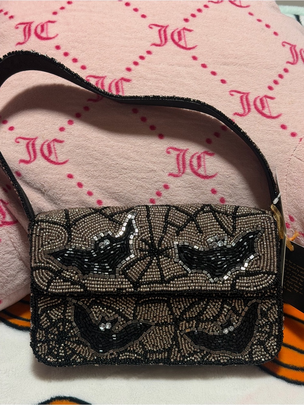 Beaded Halloween Bat Shoulder Bag in Black and Tan